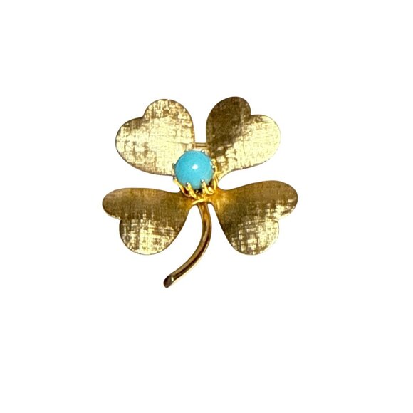 Vintage Gold Tone Clover Leaf Brooch with Turquoise Blue Cabochon Center - Picture 2 of 7